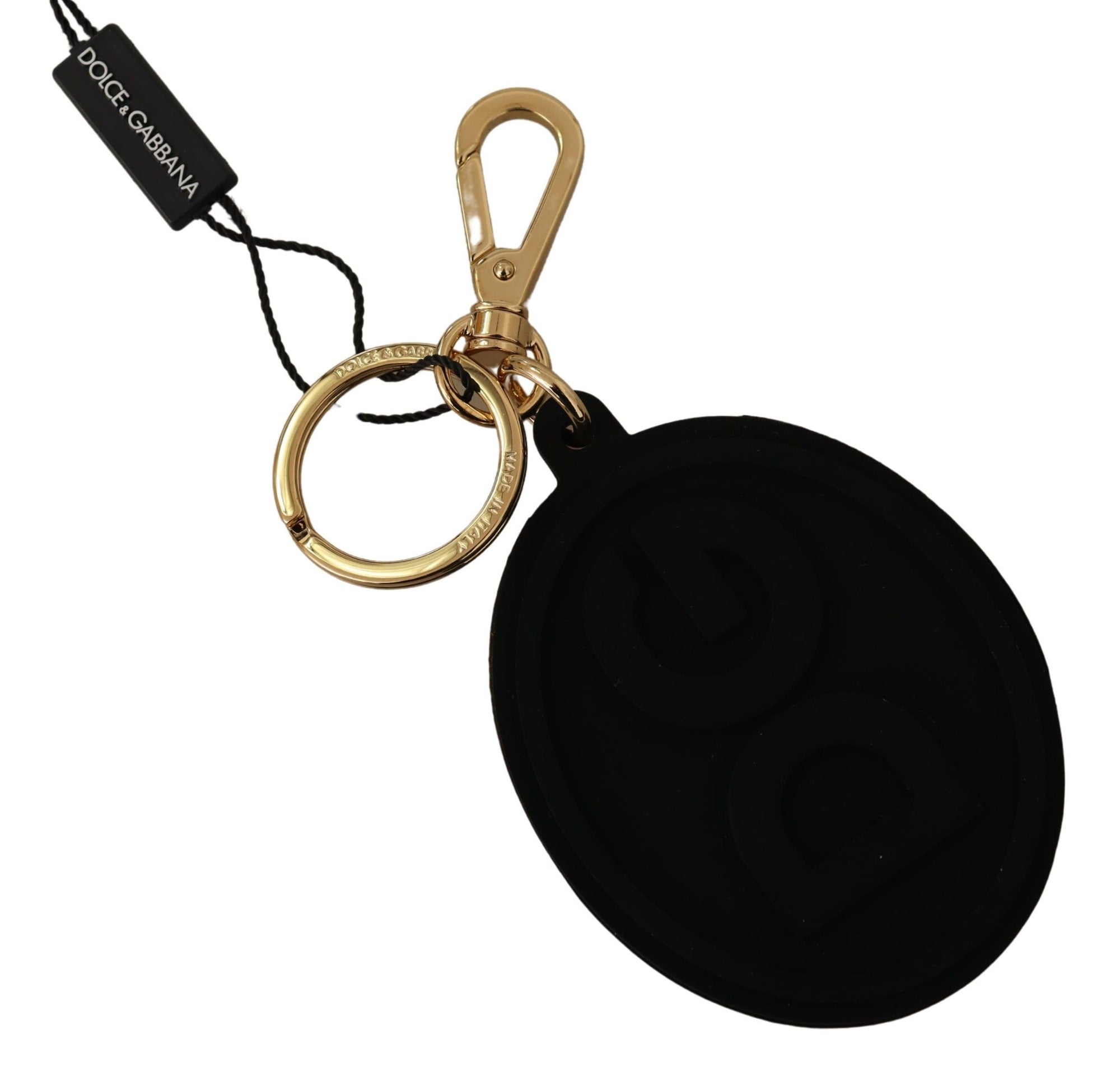 Dolce & Gabbana Black Rubber DG Logo Gold Brass Metal Keyring Keychain - Maison Luxe