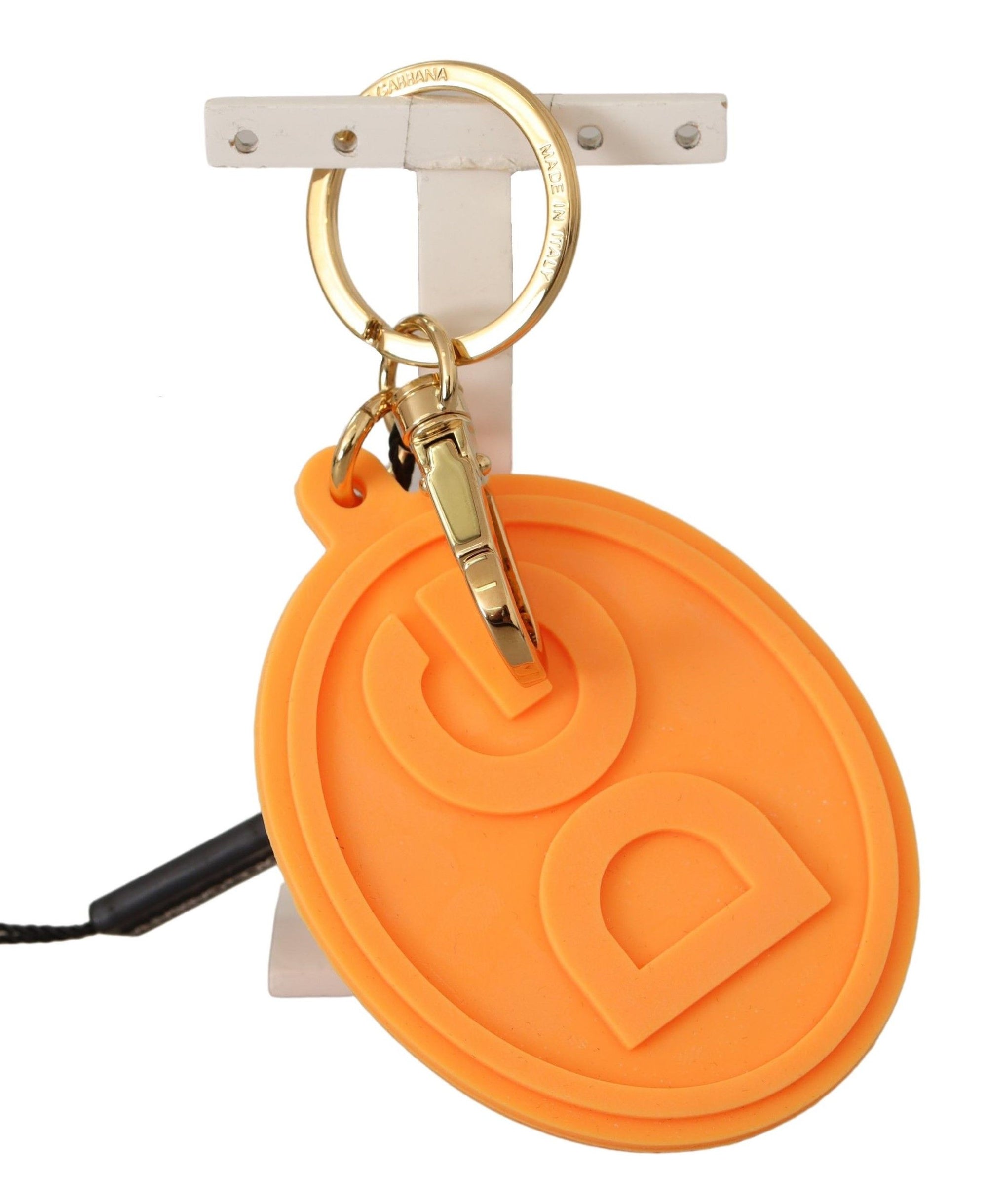Dolce & Gabbana Orange Rubber DG Logo Gold Brass Metal Keychain - Maison Luxe