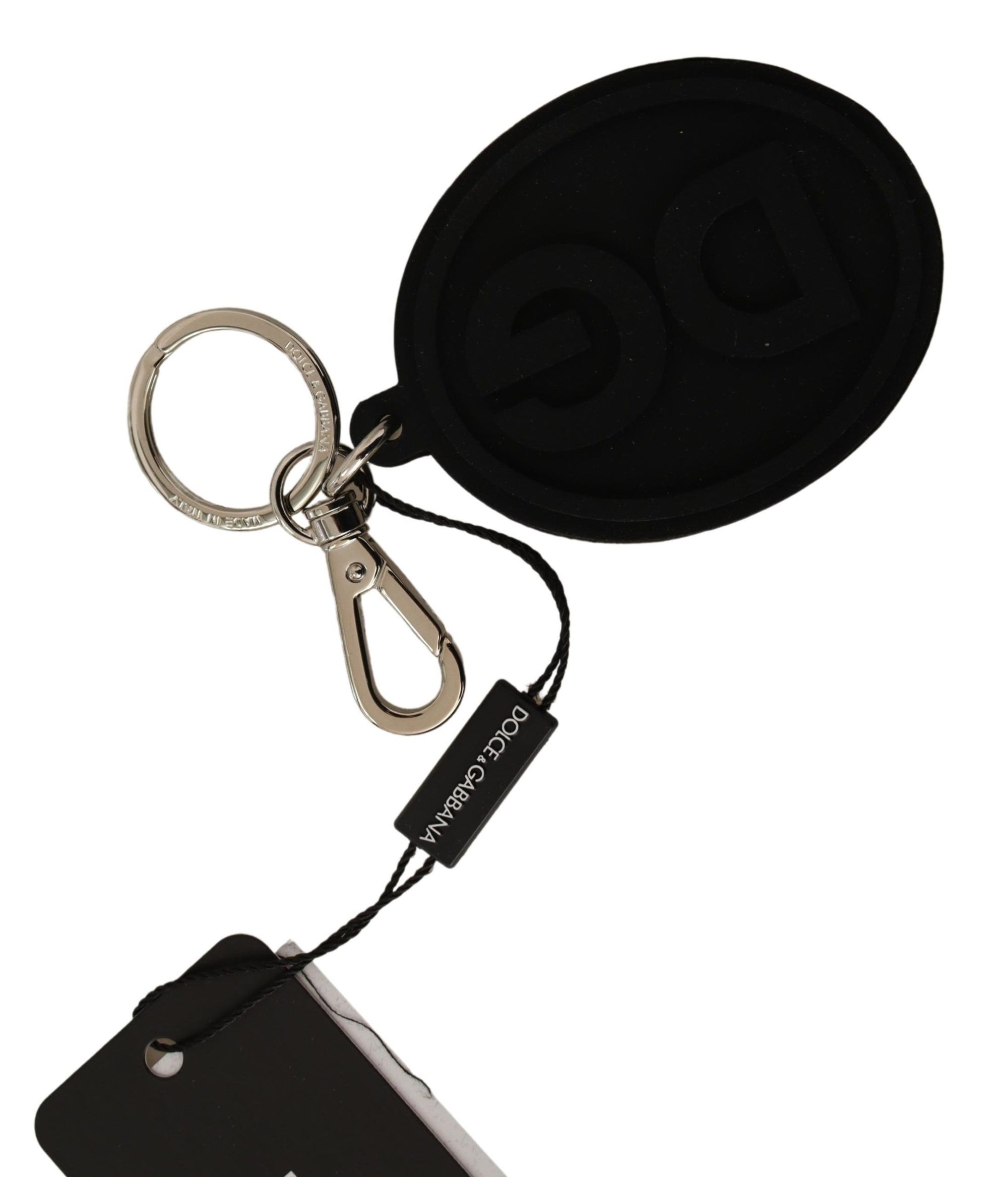 Dolce & Gabbana Black Rubber DG Logo Silver Brass Metal Keychain - Maison Luxe