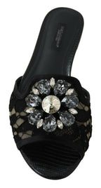 Dolce & Gabbana Black Taormina Lace Slides Crystals Flats Shoes