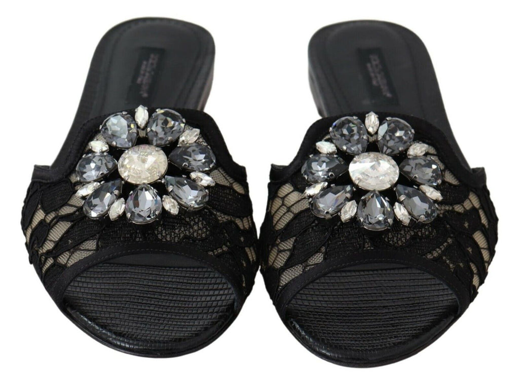 Dolce & Gabbana Black Taormina Lace Slides Crystals Flats Shoes