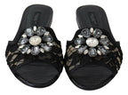 Dolce & Gabbana Black Taormina Lace Slides Crystals Flats Shoes