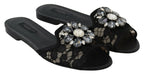 Dolce & Gabbana Black Taormina Lace Slides Crystals Flats Shoes
