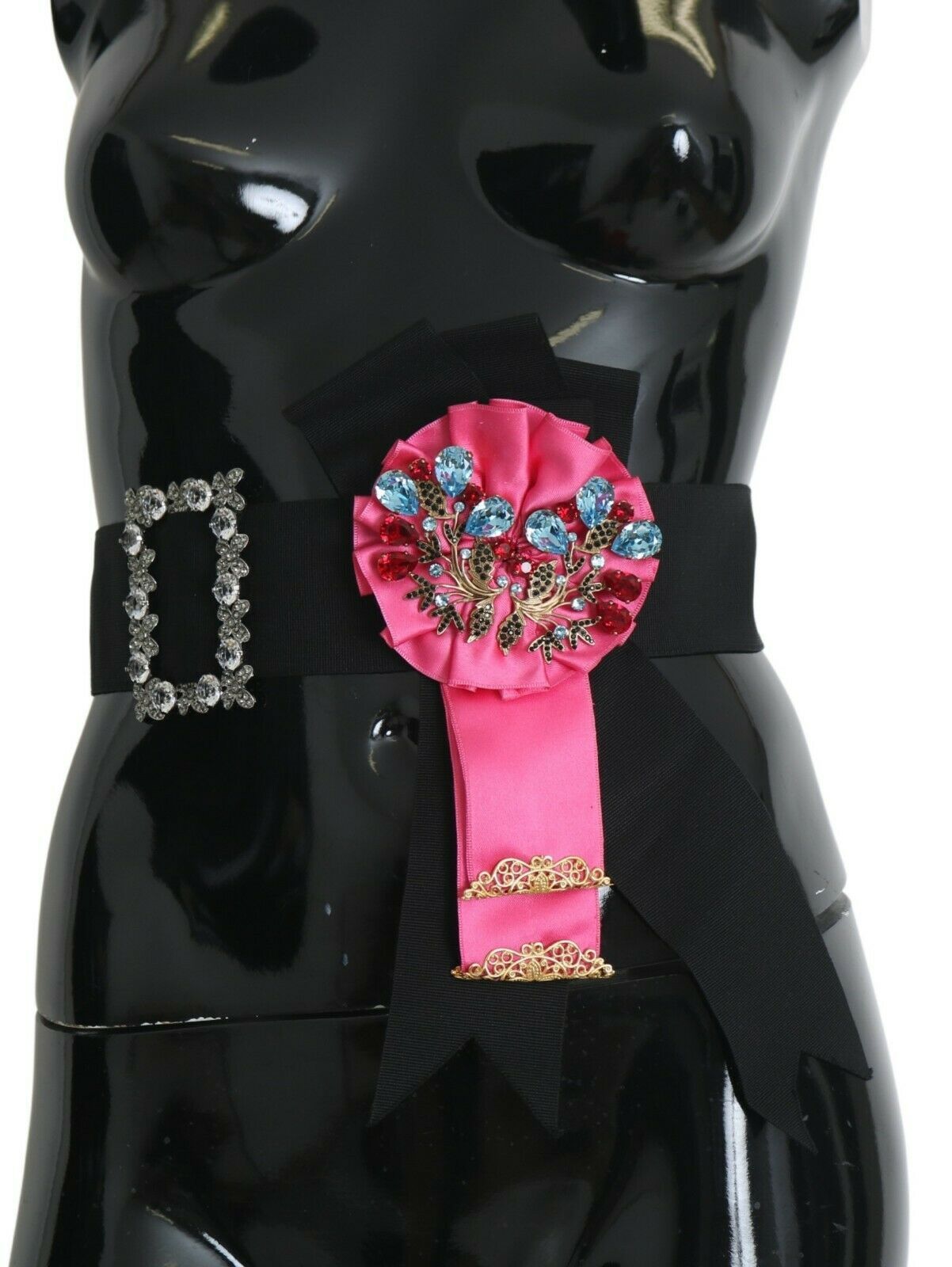 Dolce & Gabbana Black Pink Flower Brooch Crystals Cotton Belt - Maison Luxe