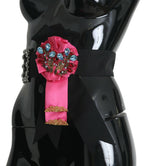 Dolce & Gabbana Black Pink Flower Brooch Crystals Cotton Belt - Maison Luxe