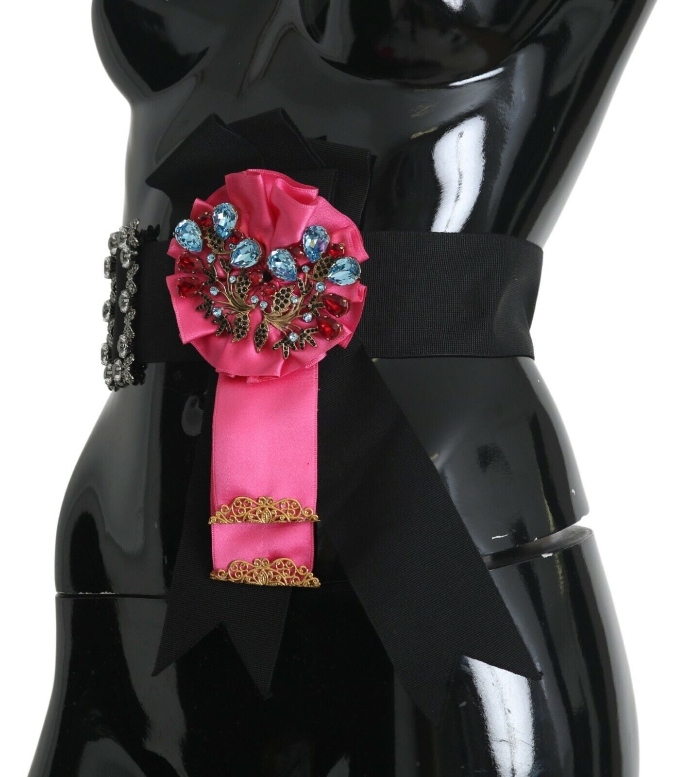 Dolce & Gabbana Black Pink Flower Brooch Crystals Cotton Belt - Maison Luxe
