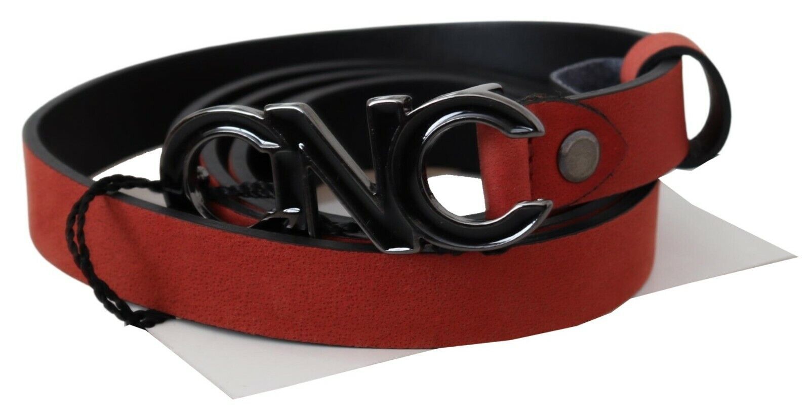 Costume National Red Black Leather Black Logo Buckle Blood Belt - Maison Luxe