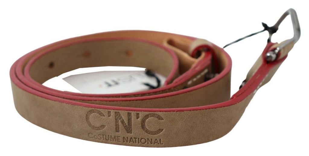Costume National Beige Leather Silver Logo Buckle Waist Belt - Maison Luxe