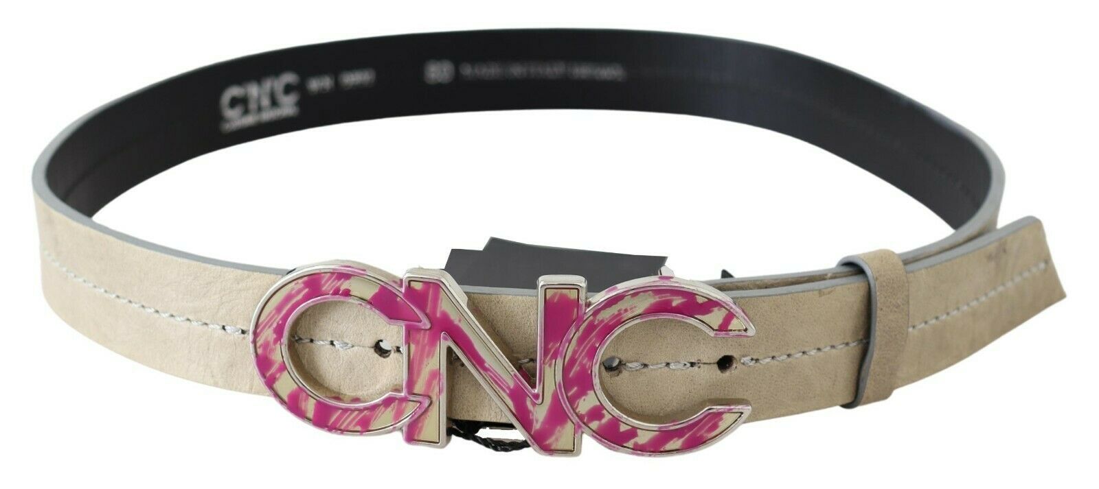 Costume National Beige Leather Pink Letter Logo Buckle Belt - Maison Luxe