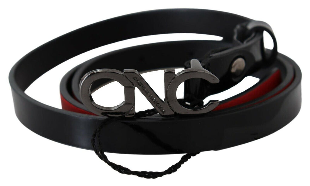 Costume National Black Skinny Leather Logo Buckle Belt - Maison Luxe