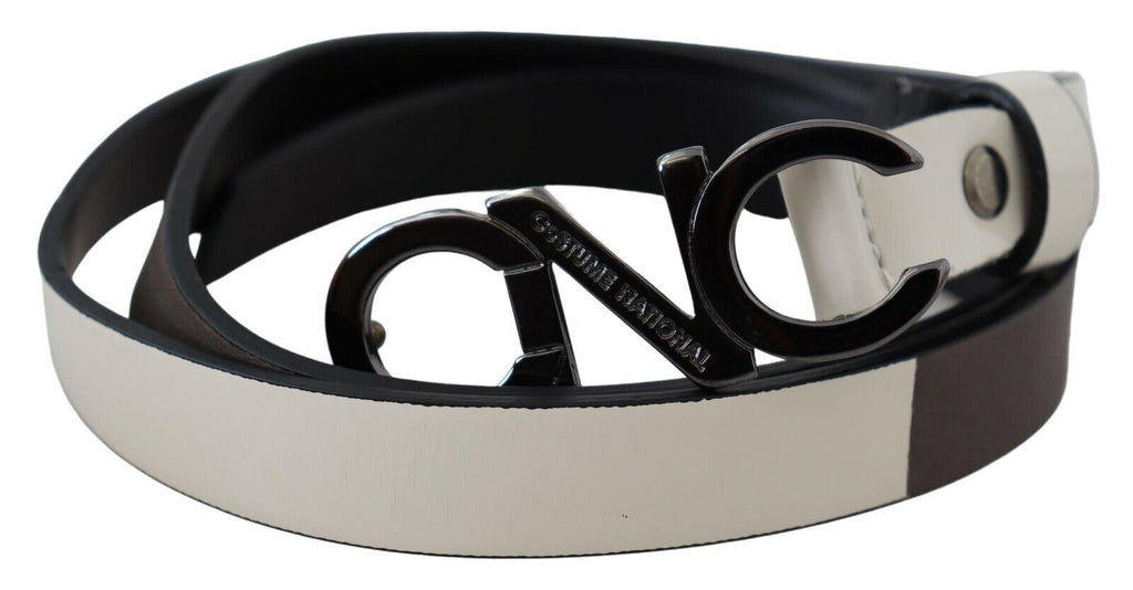 Costume National White Black Leather Letter Logo Buckle Belt - Maison Luxe