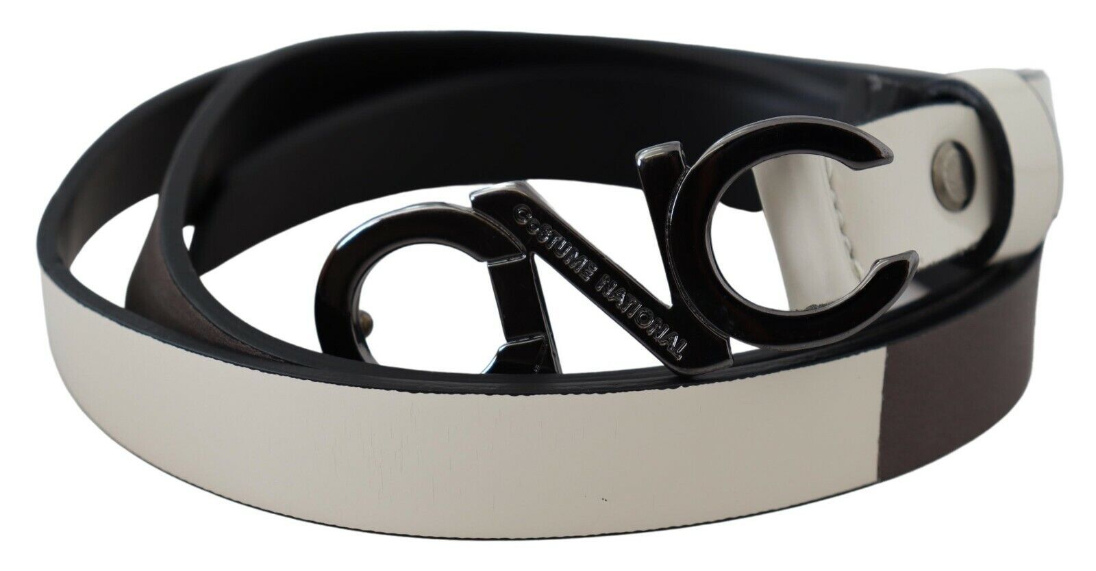 Costume National White Black Leather Letter Logo Buckle Belt - Maison Luxe