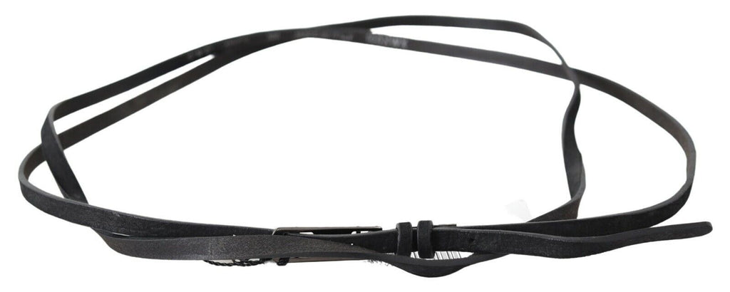 Costume National Black Leather Skinny Logo Buckle Belt - Maison Luxe