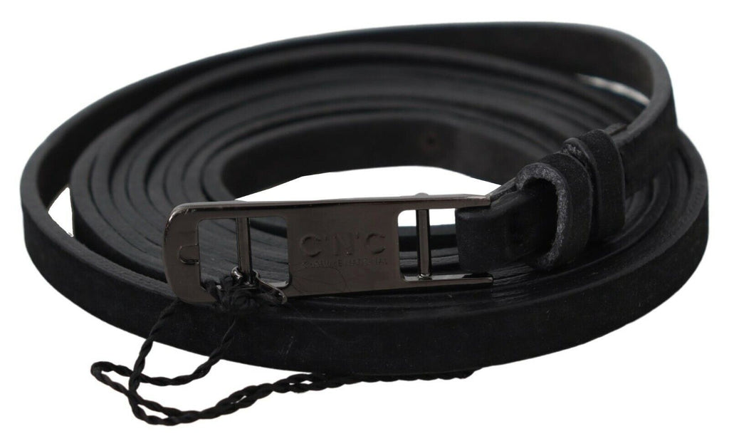 Costume National Black Leather Skinny Logo Buckle Belt - Maison Luxe