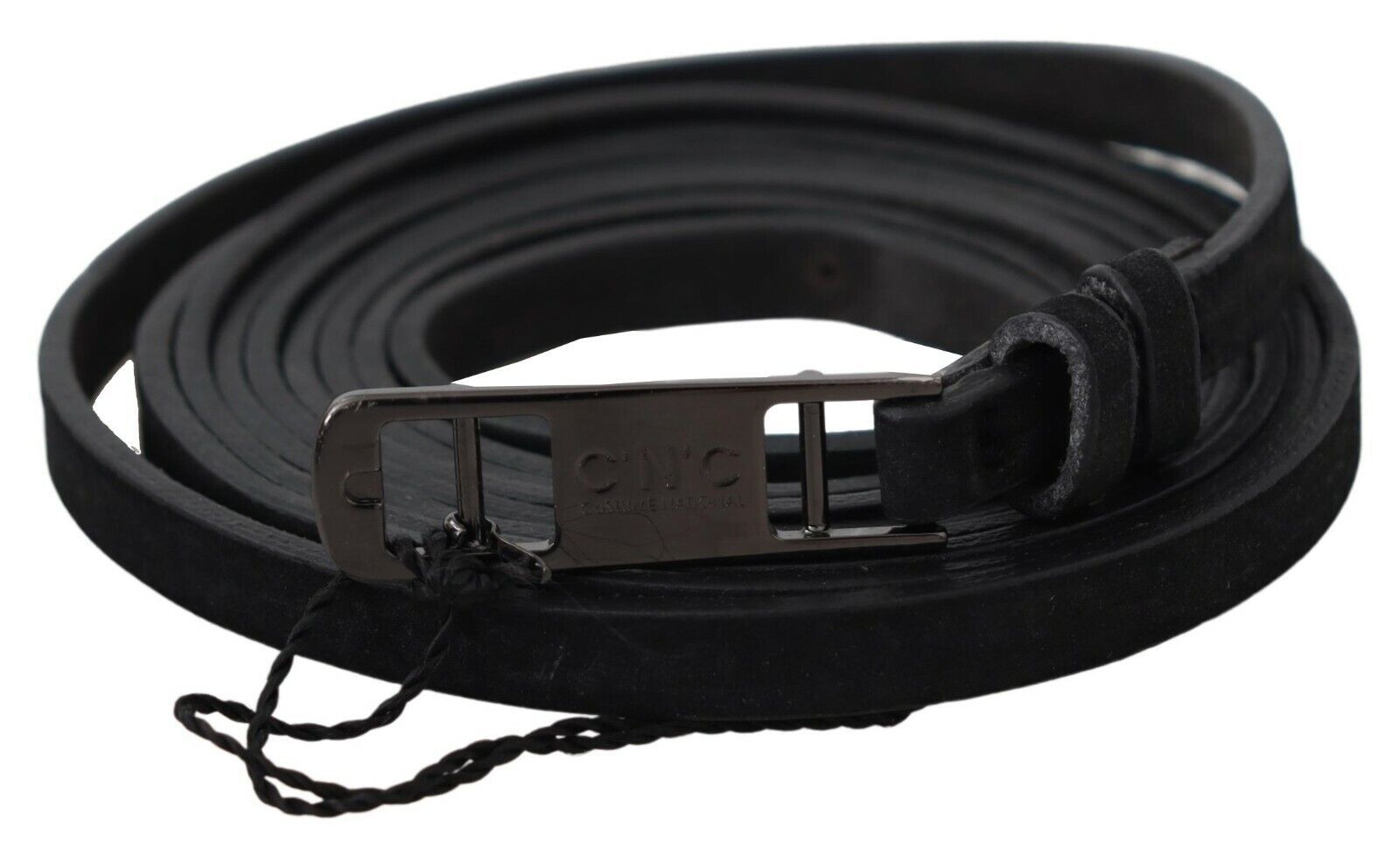 Costume National Black Leather Skinny Logo Buckle Belt - Maison Luxe