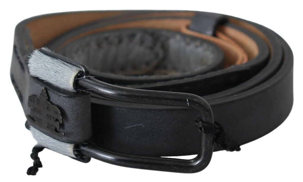 Ermanno Scervino Black Leather Fringes Logo Buckle Belt - Maison Luxe