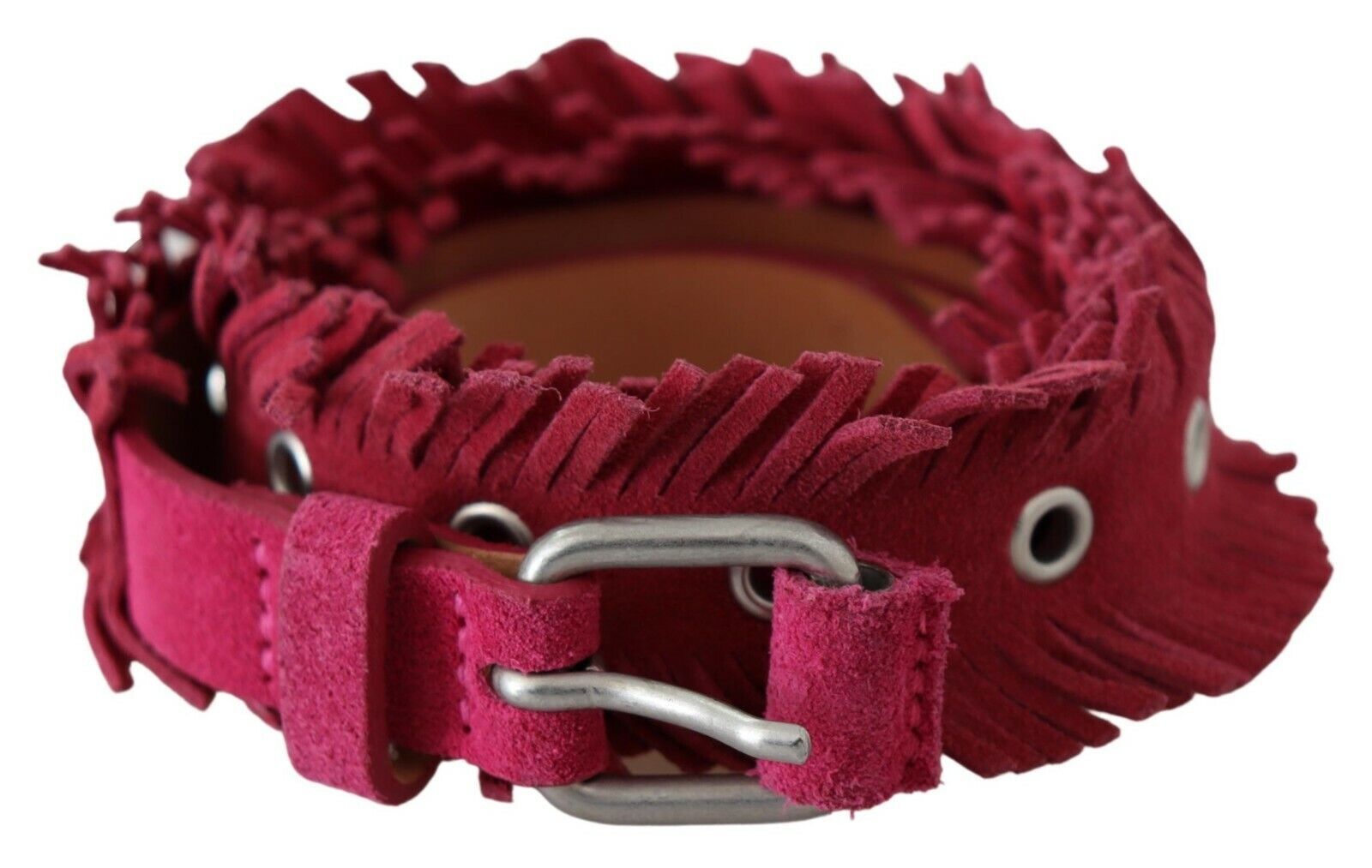 Ermanno Scervino Maroon Leather Fringes Silver Buckle Waist Belt - Maison Luxe