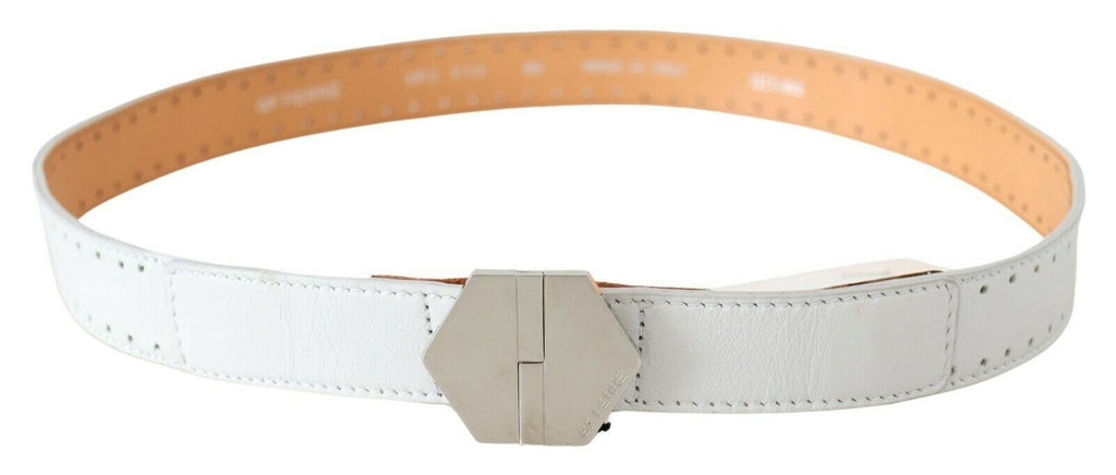 GF Ferre White Leather Hexagon Logo Buckle Waist Belt - Maison Luxe