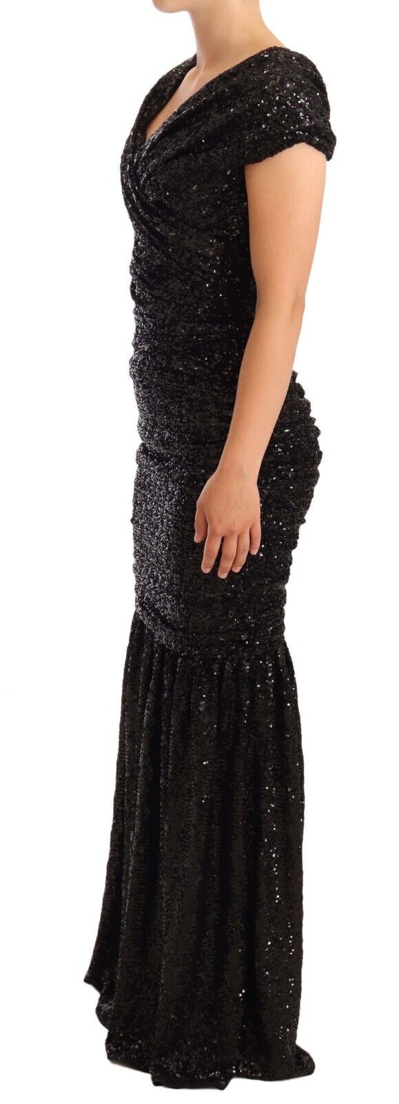 Dolce & Gabbana Black Sequined Open Shoulder Long Gown Dress
