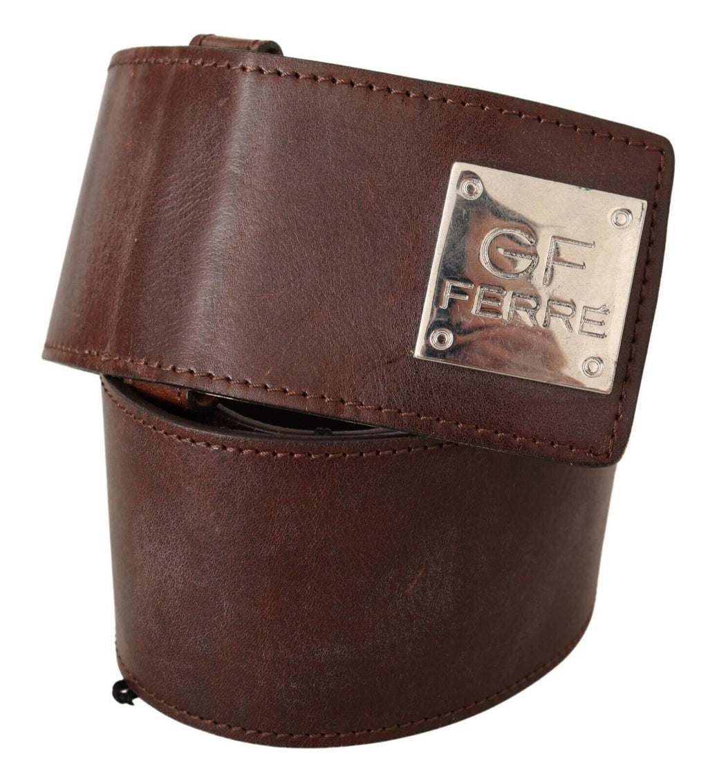 GF Ferre Brown Genuine Leather Wide Logo Buckle Waist Belt - Maison Luxe