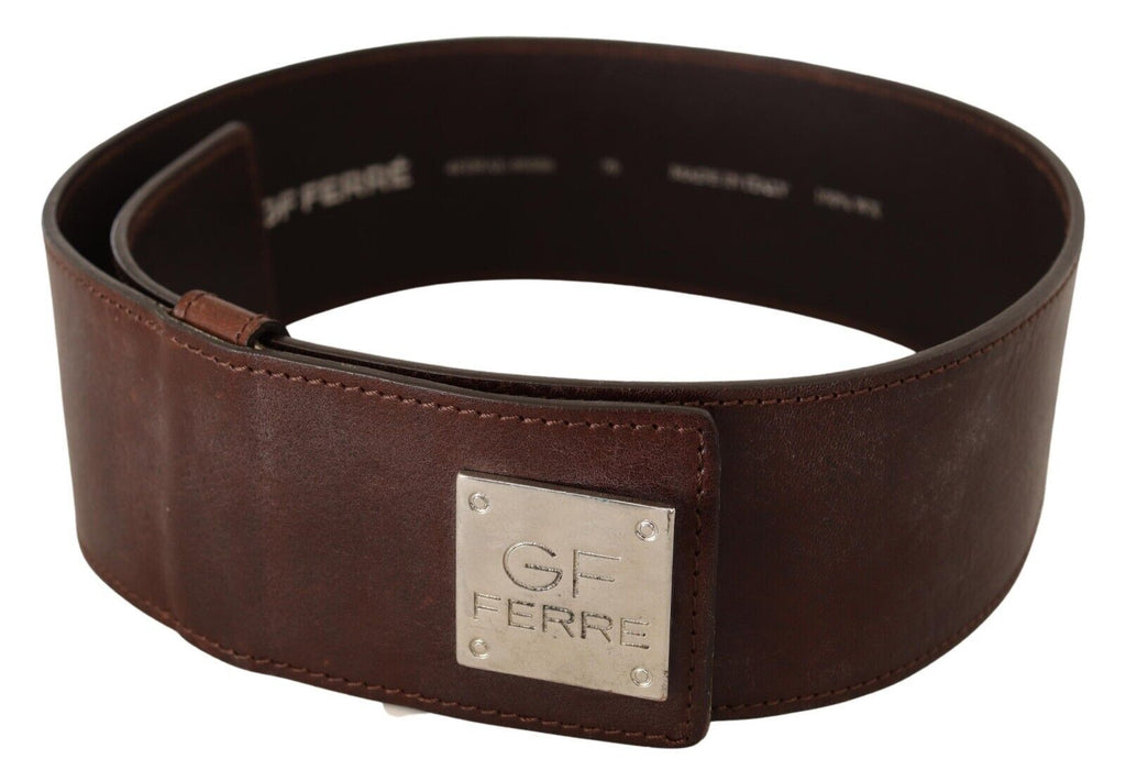 GF Ferre Brown Genuine Leather Wide Logo Buckle Waist Belt - Maison Luxe