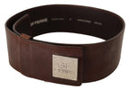 GF Ferre Brown Genuine Leather Wide Logo Buckle Waist Belt - Maison Luxe