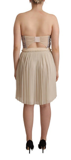 Guess Beige Checkered Pleated A-line Strapless Bustier Dress