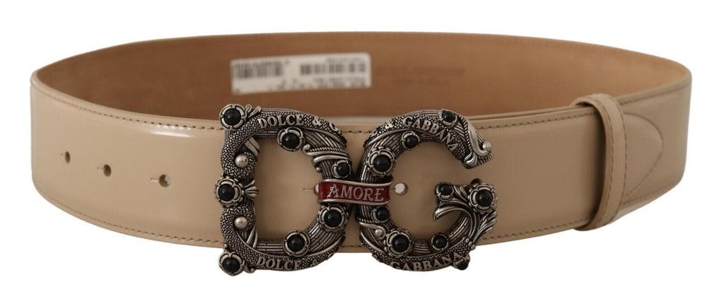 Dolce & Gabbana Beige Leather Silver Logo Buckle Amore Belt - Maison Luxe