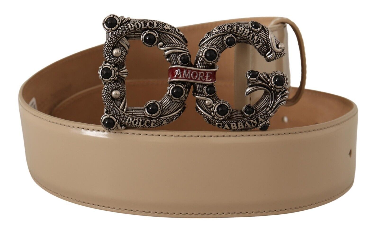 Dolce & Gabbana Beige Leather Silver Logo Buckle Amore Belt - Maison Luxe
