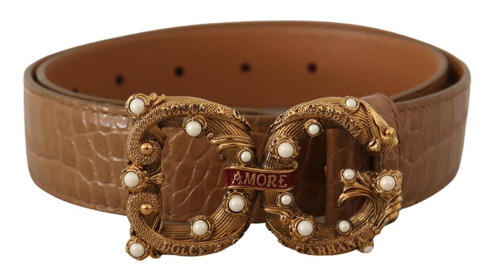 Dolce & Gabbana Brown Crocodile Pattern Leather Logo Amore  Belt - Maison Luxe