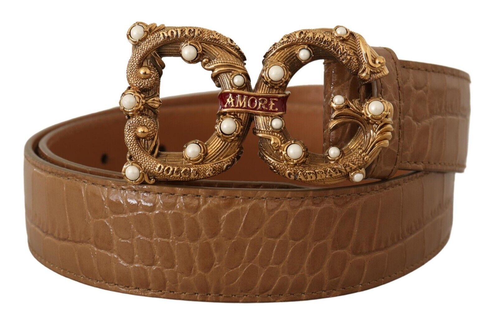 Dolce & Gabbana Brown Crocodile Pattern Leather Logo Amore  Belt - Maison Luxe