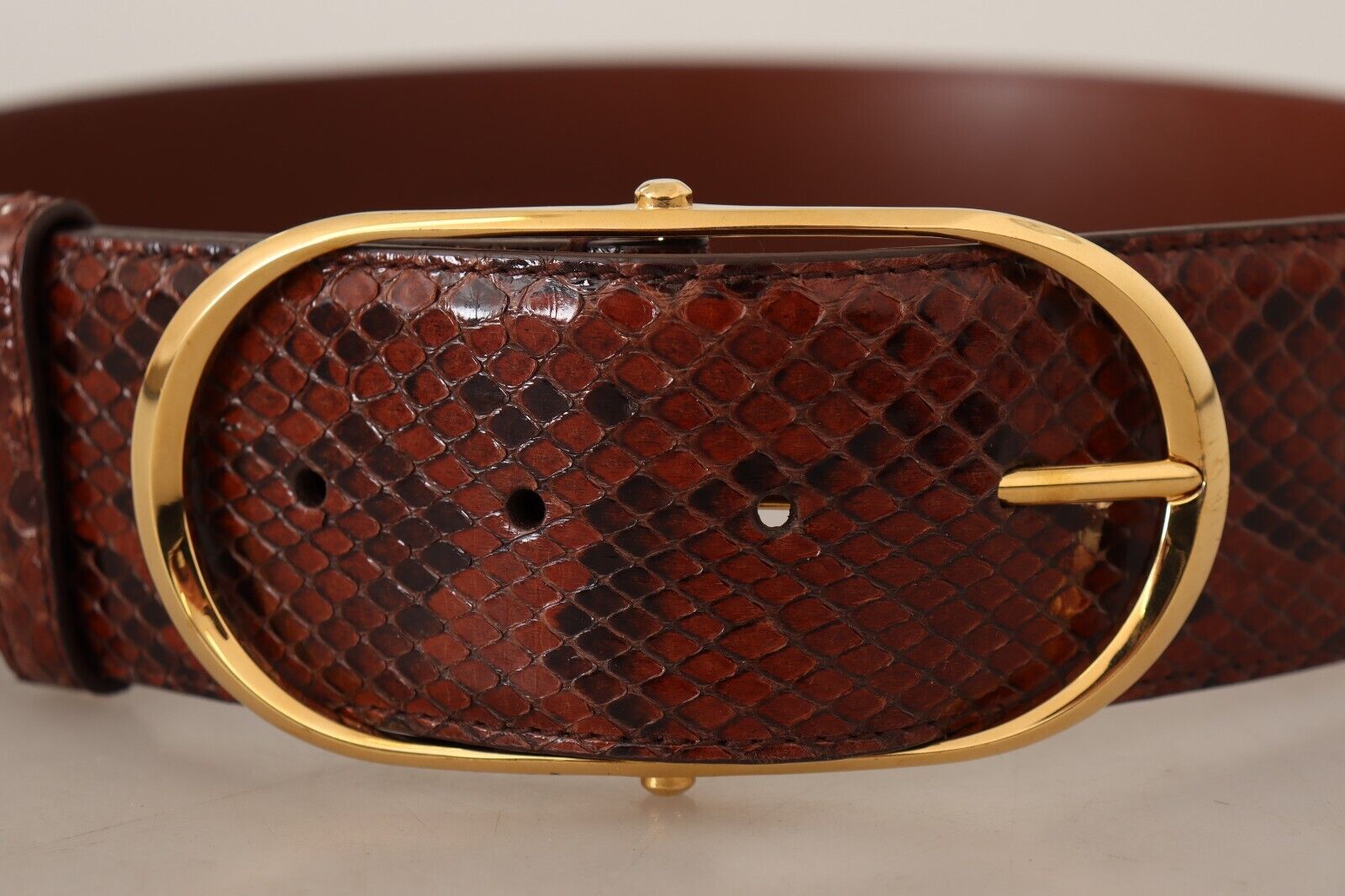 Dolce & Gabbana Brown Exotic Leather Gold Oval Buckle Belt - Maison Luxe