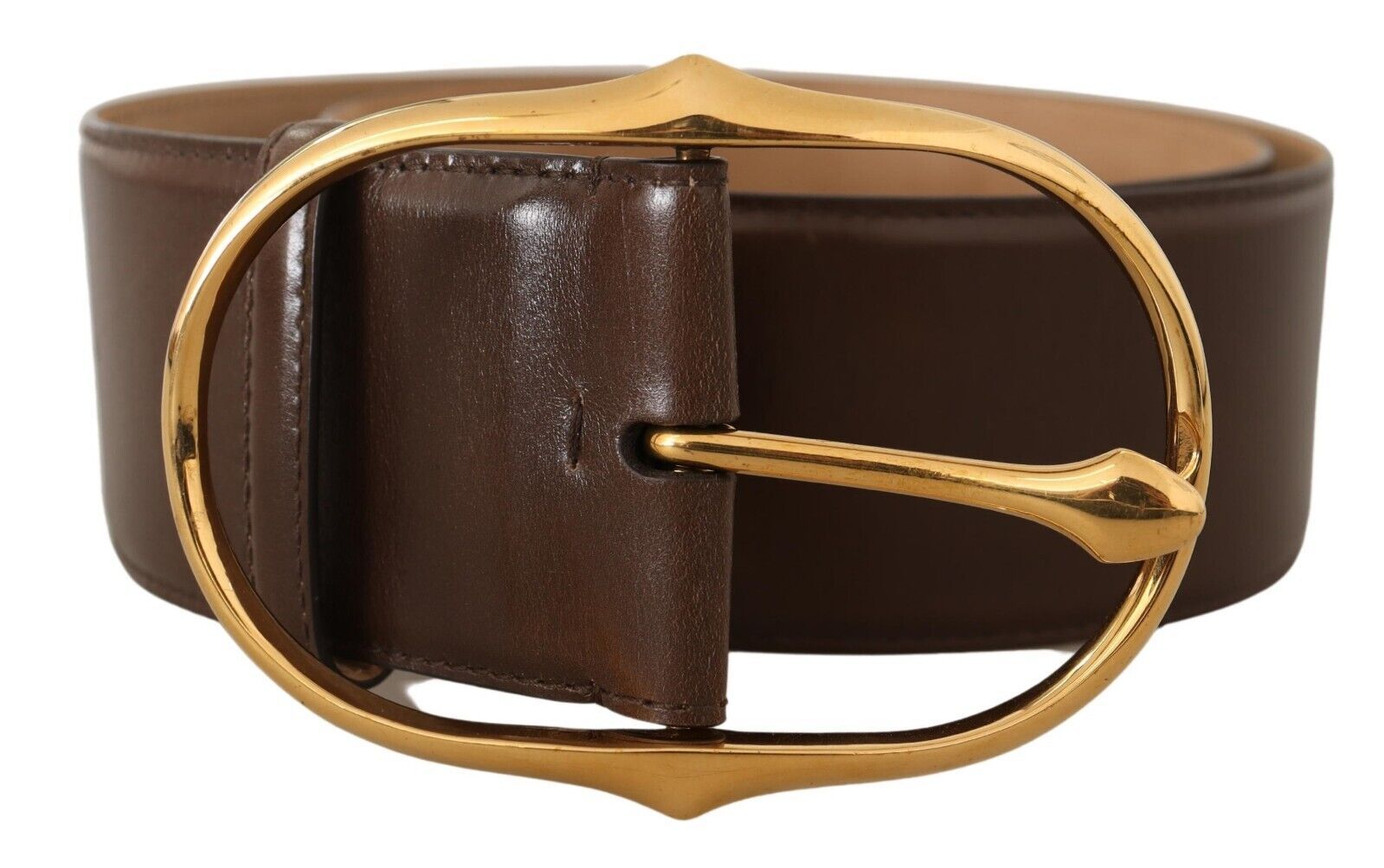 Dolce & Gabbana Brown Leather Gold Metal Oval Buckle Belt - Maison Luxe