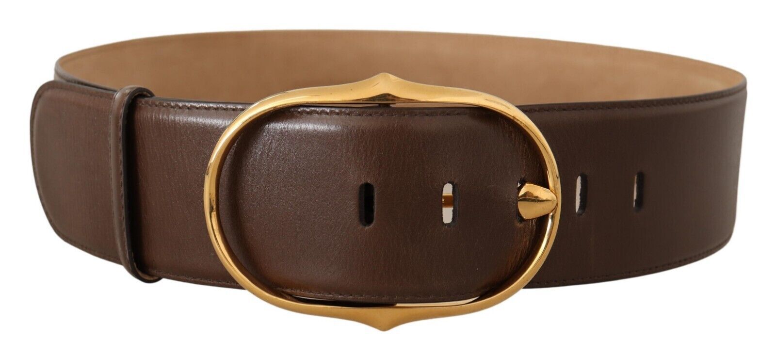 Dolce & Gabbana Brown Leather Gold Metal Oval Buckle Belt - Maison Luxe