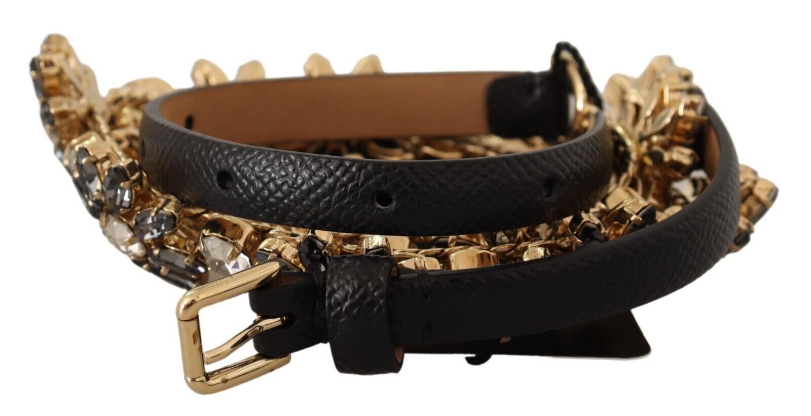 Dolce & Gabbana Black Daisy Crystal Dauphine Texture Belt - Maison Luxe
