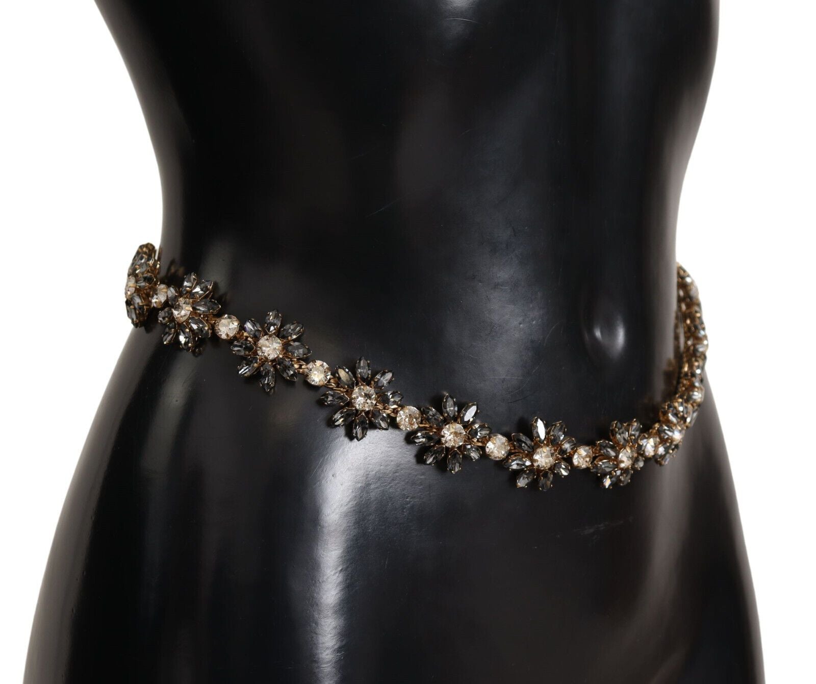 Dolce & Gabbana Black Daisy Crystal Dauphine Texture Belt - Maison Luxe