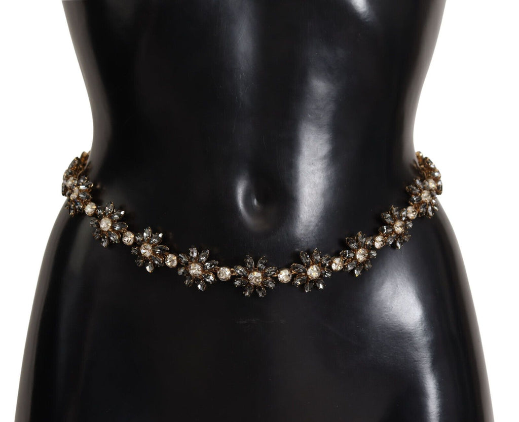 Dolce & Gabbana Black Daisy Crystal Dauphine Texture Belt - Maison Luxe