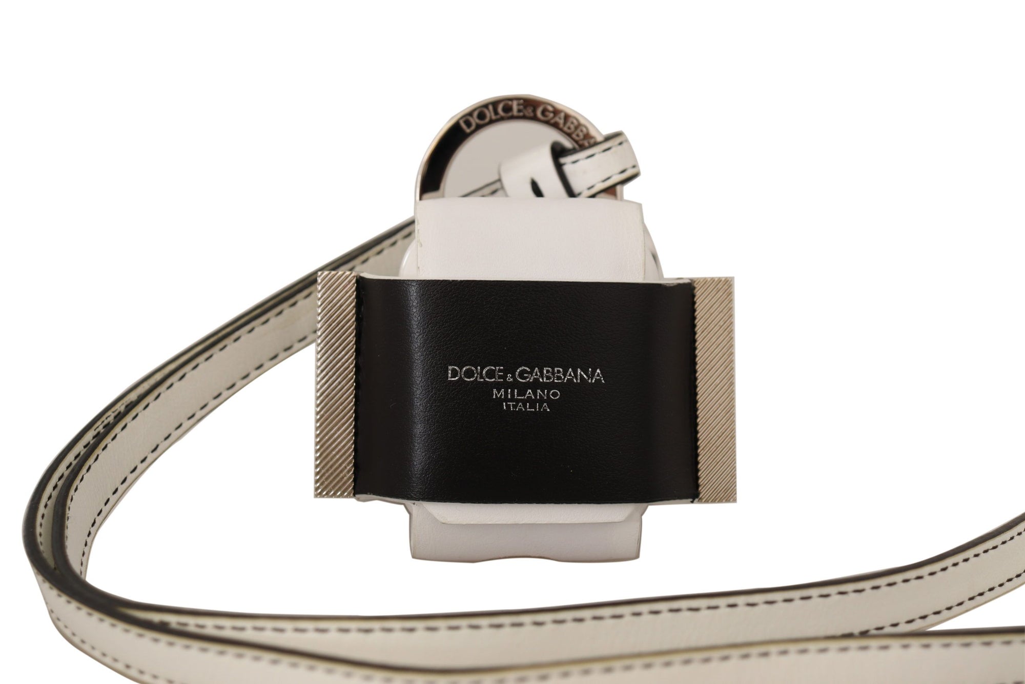 Dolce & Gabbana White Black Leather Strap Silver Metal Logo Airpods Case - Maison Luxe