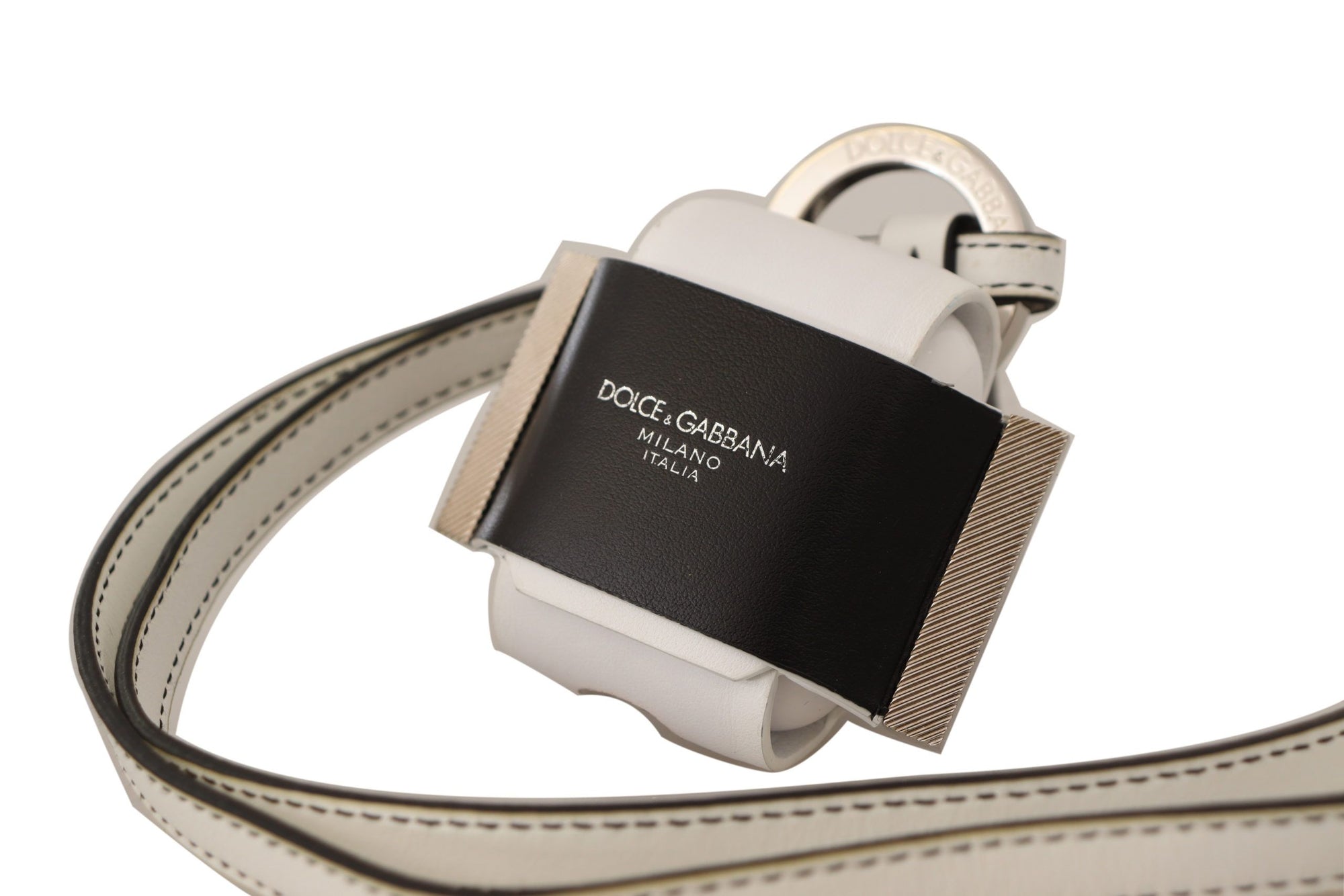 Dolce & Gabbana White Black Leather Strap Silver Metal Logo Airpods Case - Maison Luxe