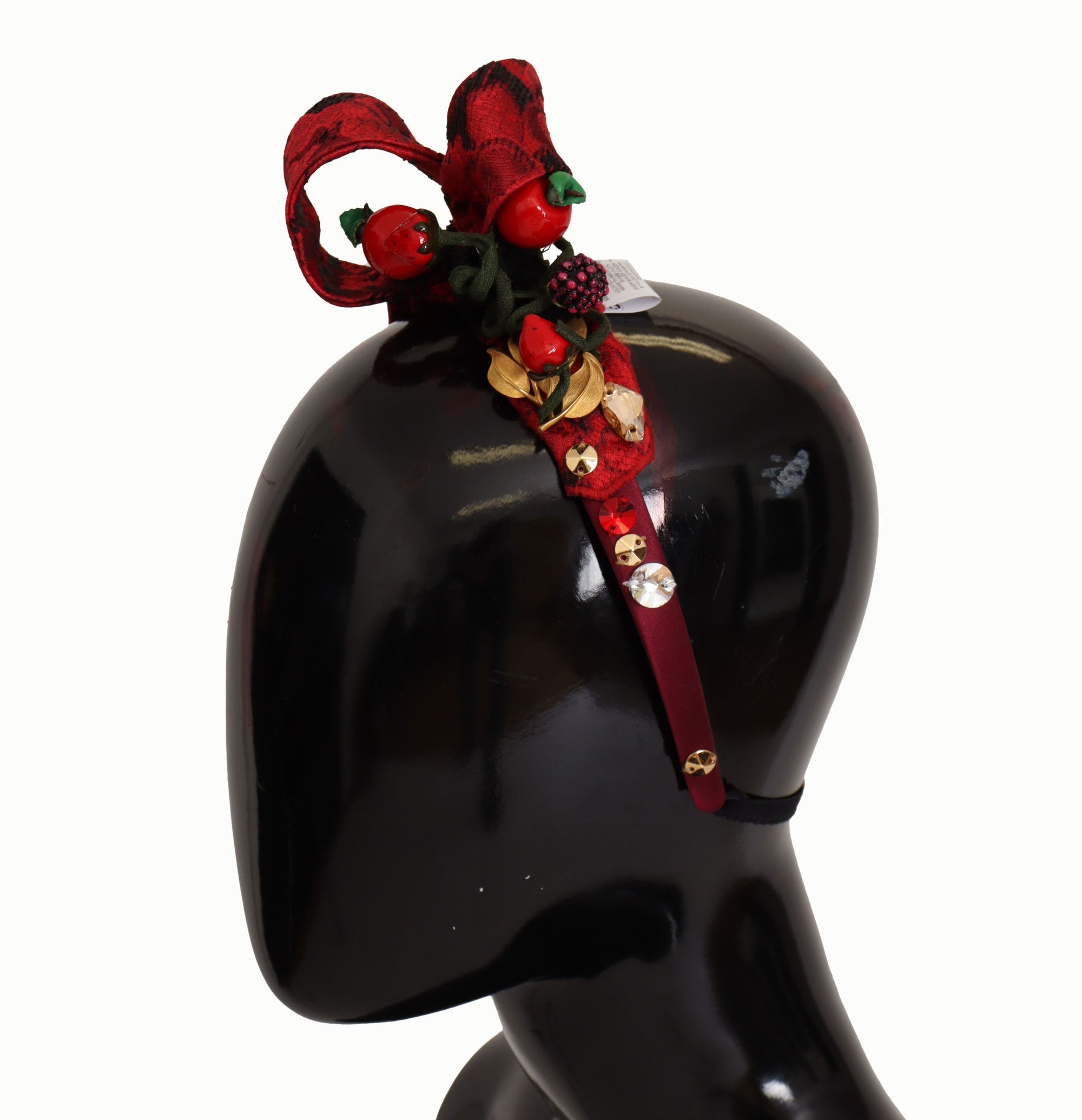 Dolce & Gabbana Cherry Silk Crystal Bow Logo Diadem Tiara Headband - Maison Luxe