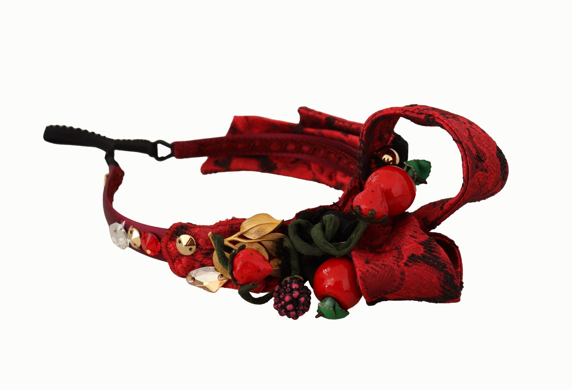 Dolce & Gabbana Cherry Silk Crystal Bow Logo Diadem Tiara Headband - Maison Luxe