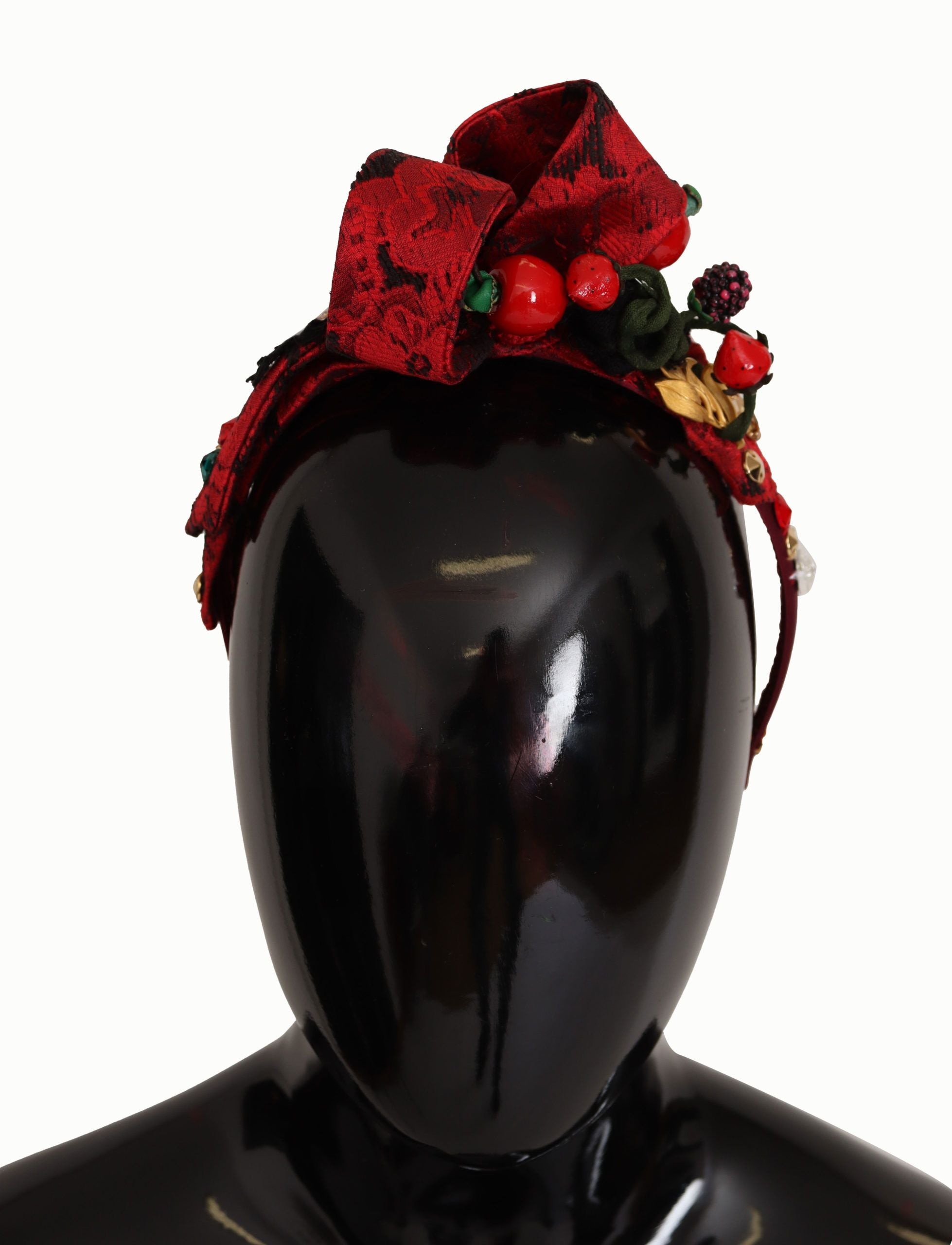 Dolce & Gabbana Cherry Silk Crystal Bow Logo Diadem Tiara Headband - Maison Luxe