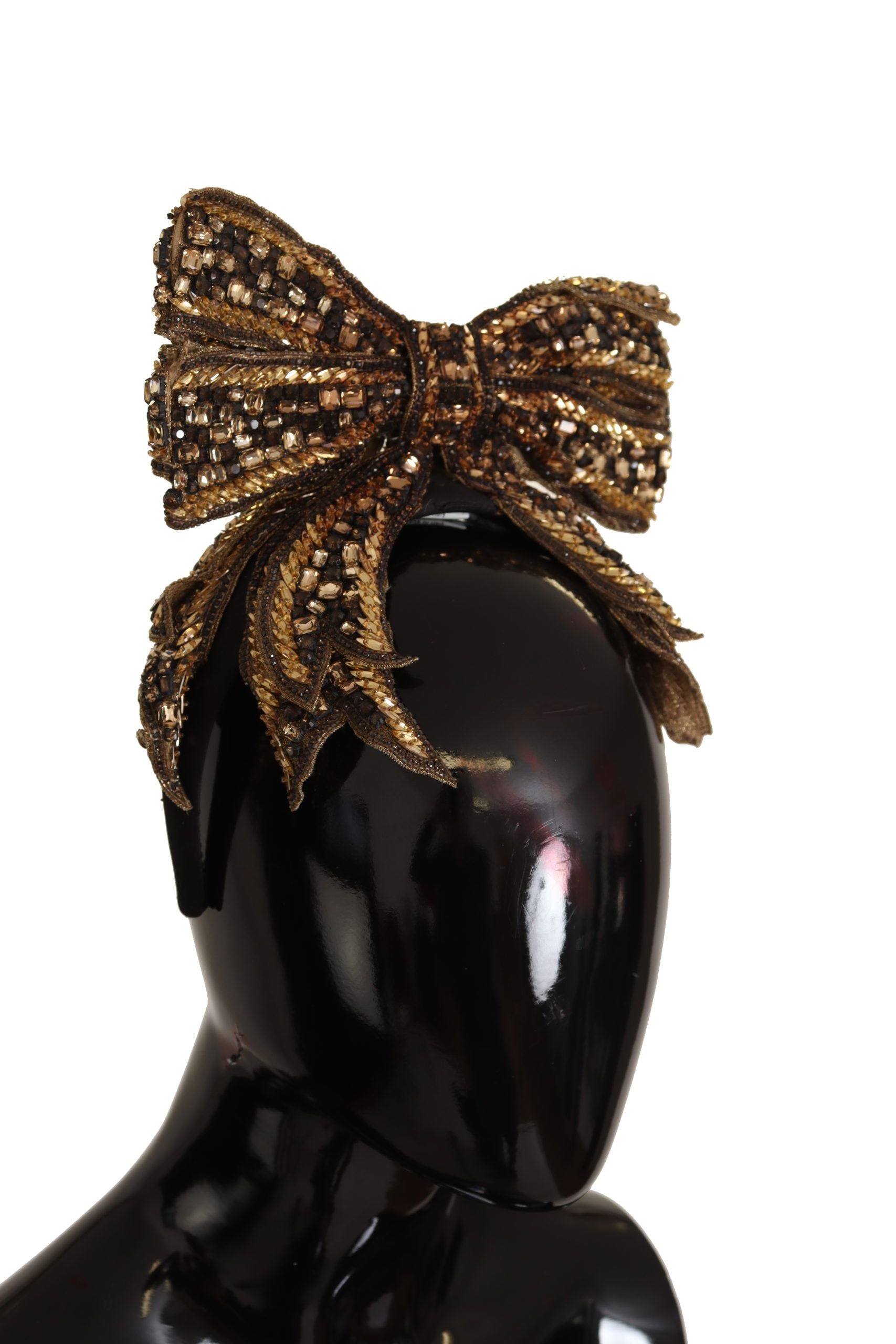 Dolce & Gabbana Gold Crystal Beaded Sequined Silk Bow Headband Diadem - Maison Luxe