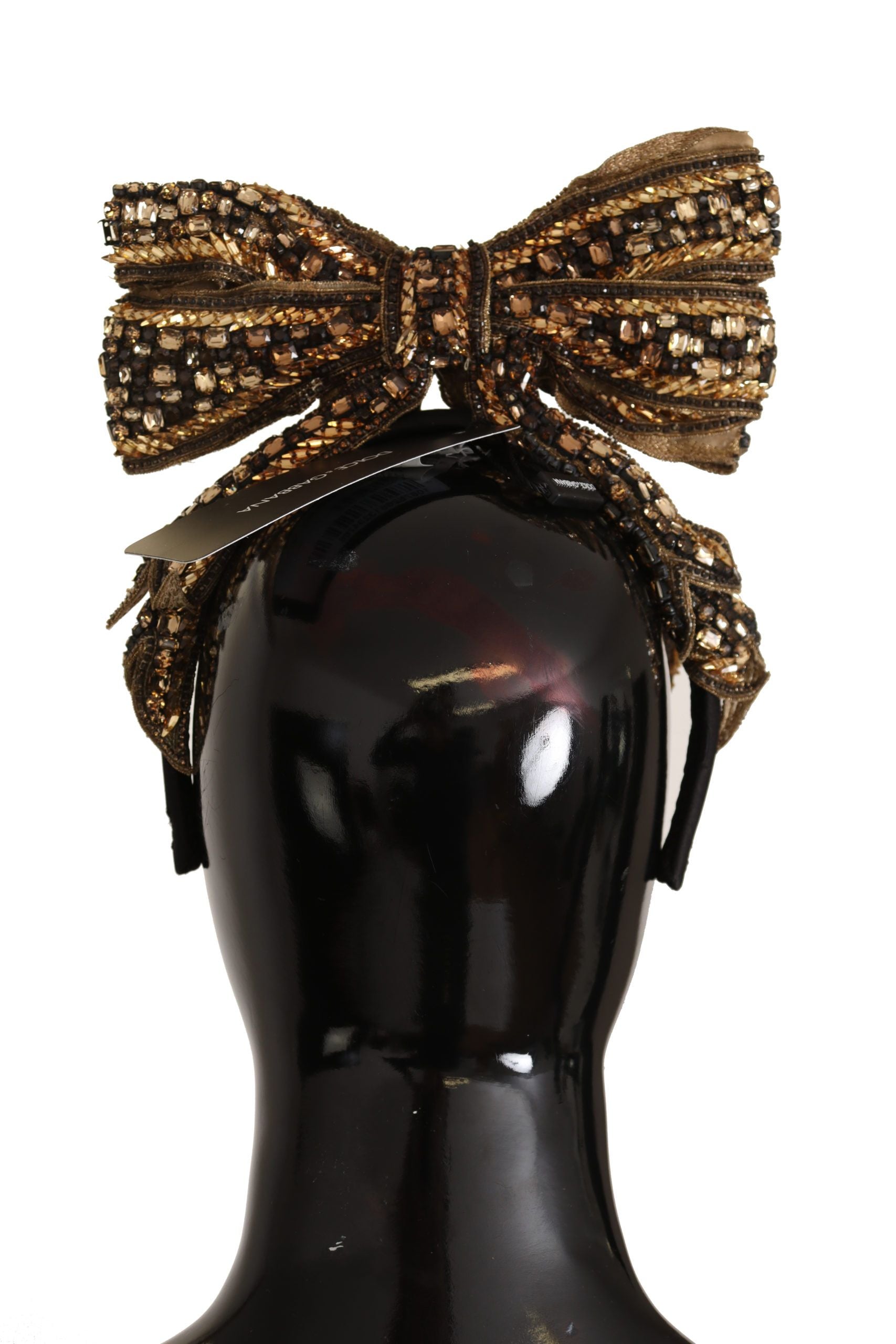 Dolce & Gabbana Gold Crystal Beaded Sequined Silk Bow Headband Diadem - Maison Luxe