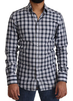 Dolce & Gabbana Blue White Check Cotton Slim Fit GOLD Shirt