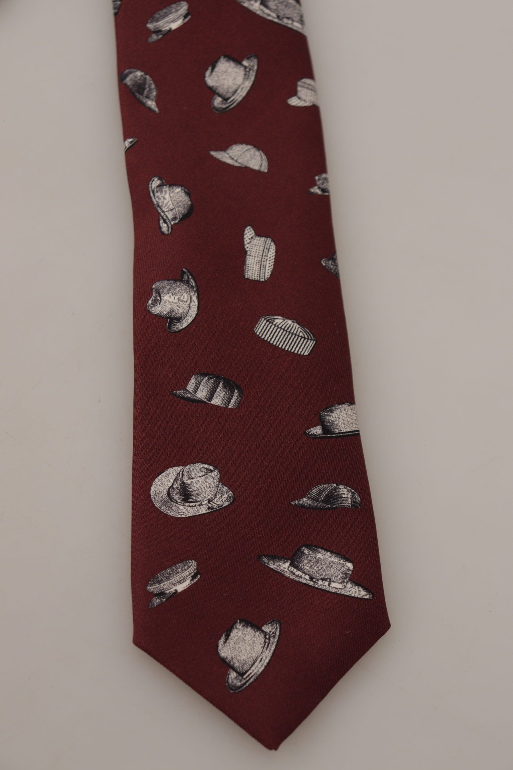 Dolce & Gabbana Maroon Hat Pattern 100% Silk Adjustable Accessory Tie - Maison Luxe