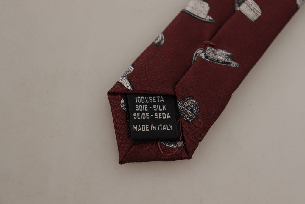 Dolce & Gabbana Maroon Hat Pattern 100% Silk Adjustable Accessory Tie - Maison Luxe