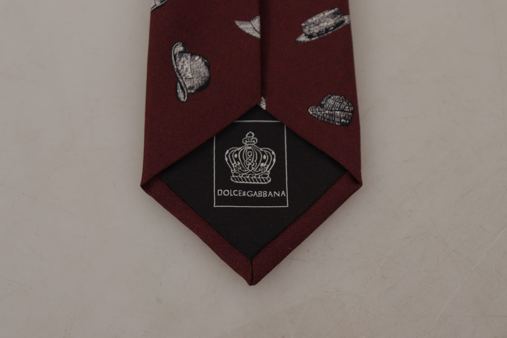 Dolce & Gabbana Maroon Hat Pattern 100% Silk Adjustable Accessory Tie - Maison Luxe