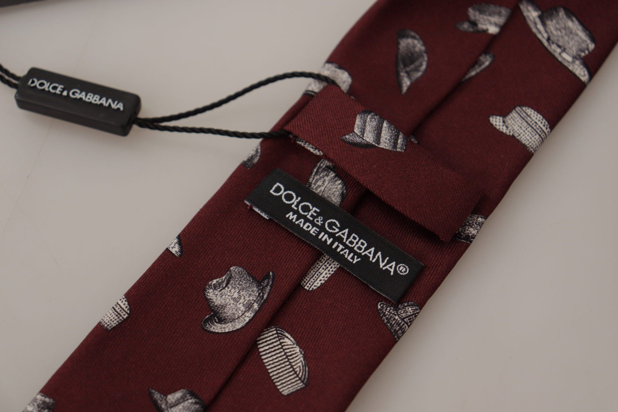 Dolce & Gabbana Maroon Hat Pattern 100% Silk Adjustable Accessory Tie - Maison Luxe