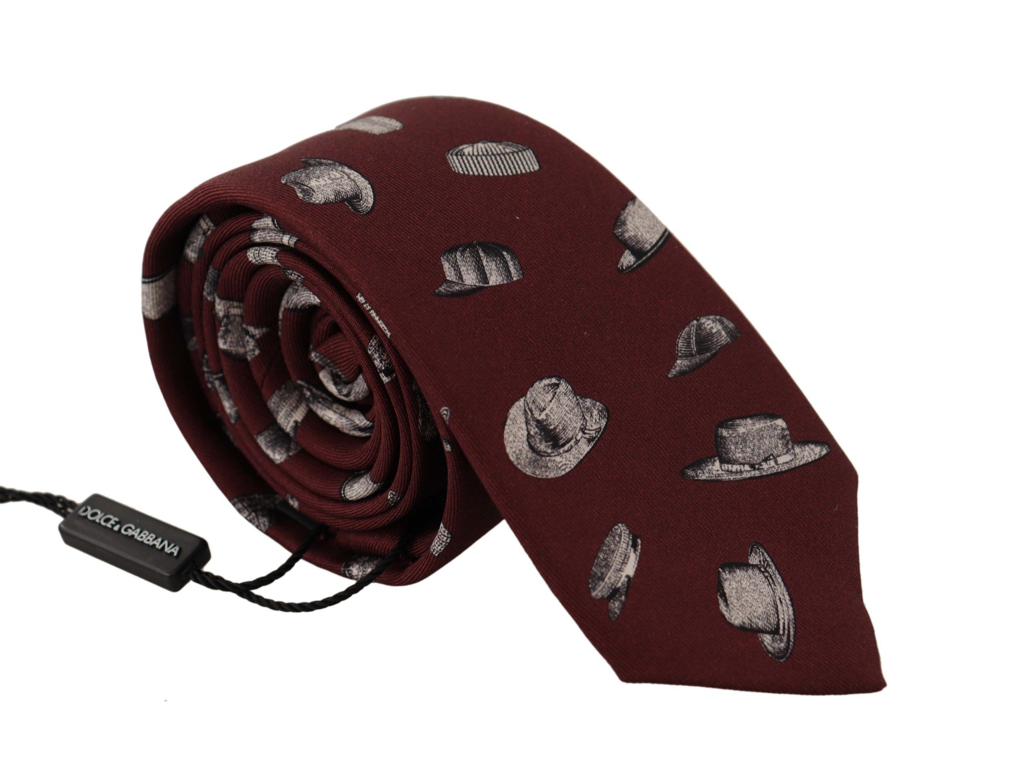Dolce & Gabbana Maroon Hat Pattern 100% Silk Adjustable Accessory Tie - Maison Luxe